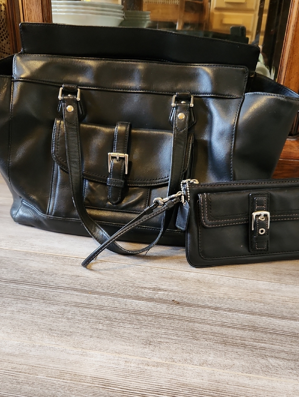 Coach Black Leather Tote with Matching Wristlet